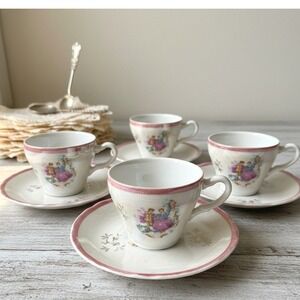 1950s Lusterware Tea Cups Saucers Fragonard Courting Couple Occupied Japan